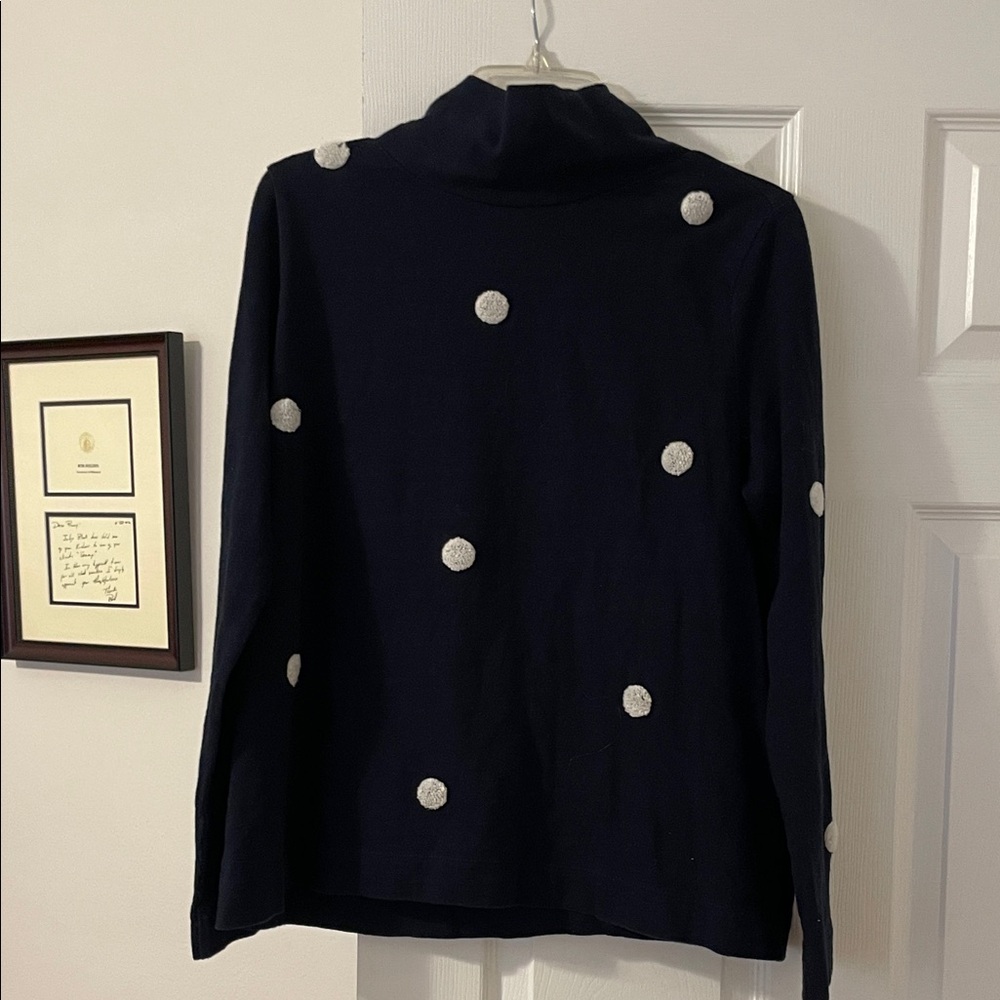 Size L Loft Navy Turtleneck Sweater with White Pom Dots